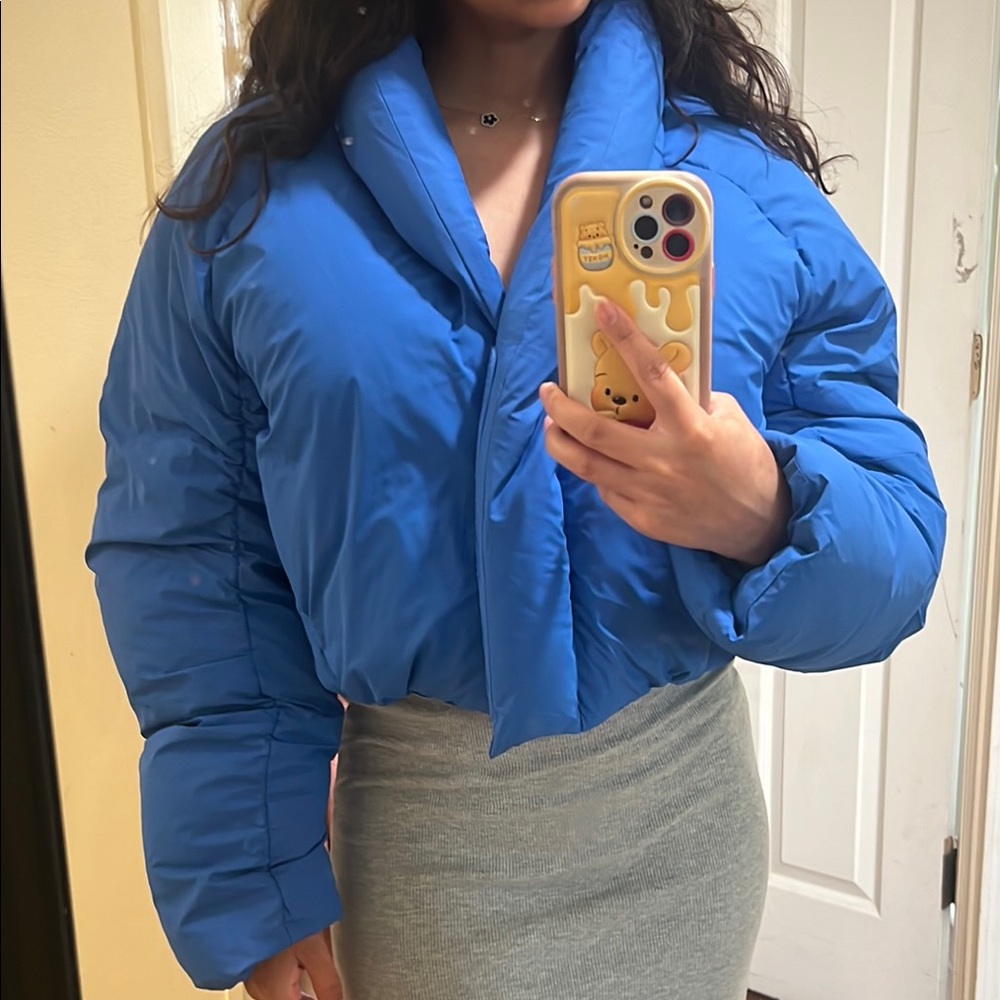 KHY Blue Cropped Puffer Jacket with High Collar